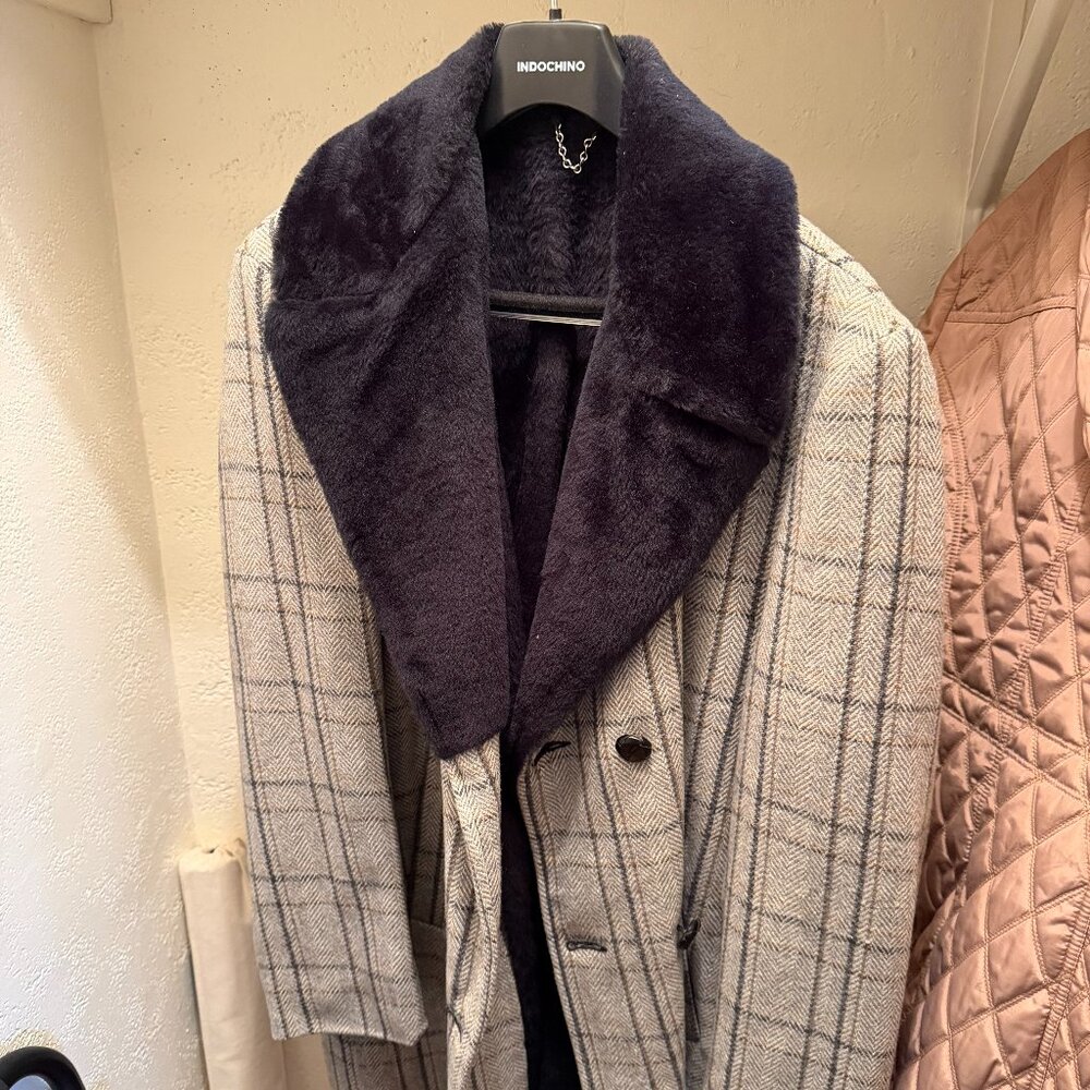 Vintage Herringbone Plaid Overcoat Faux Fur Collar Wool Blend – Men’s L